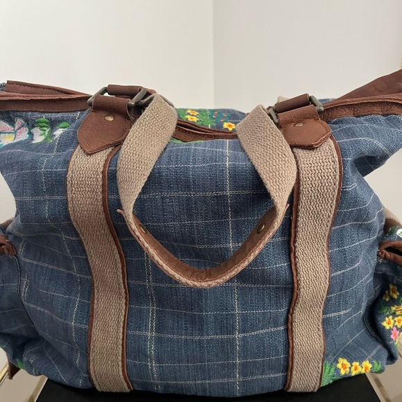 Free People Embroidered Blue Checkered Denim Women's Bag - Picture 2 of 13